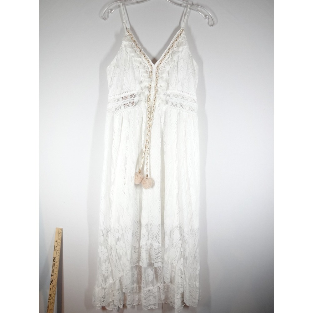 CUPSHE Lace Maxi Dress Womens Medium White High-Low Boho Pom-Pom Cottagecore